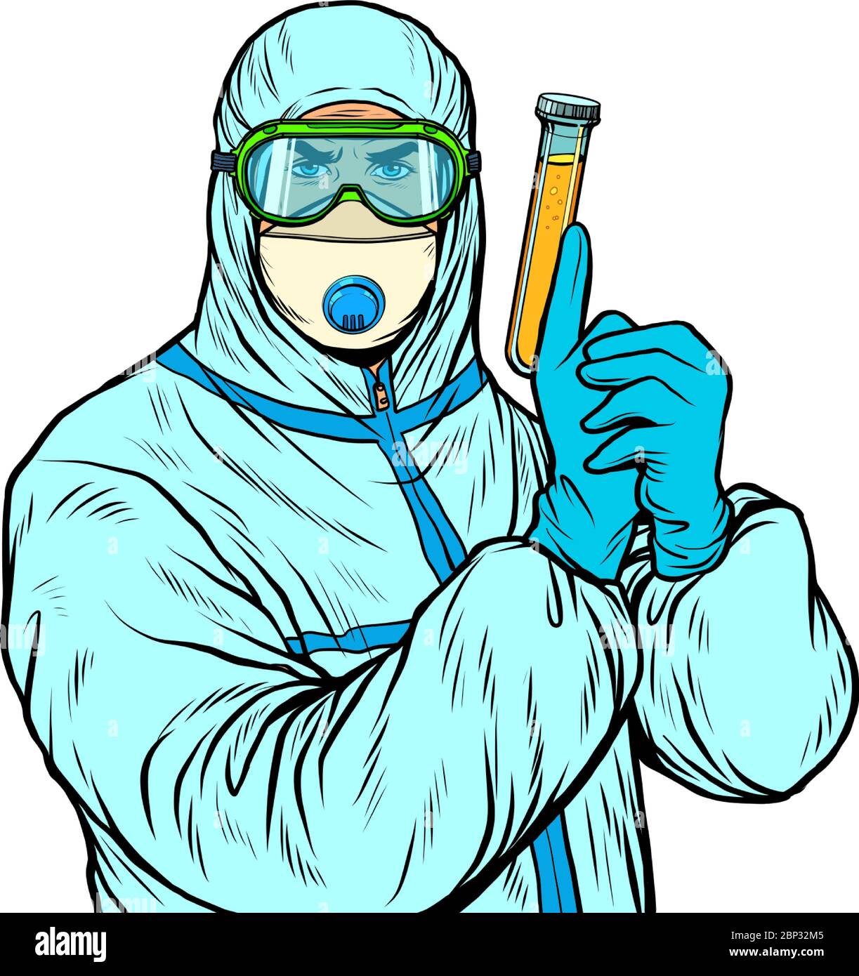 medico uomo in tuta protettiva con una provetta un vaccino un farmaco, epidemia Illustrazione Vettoriale