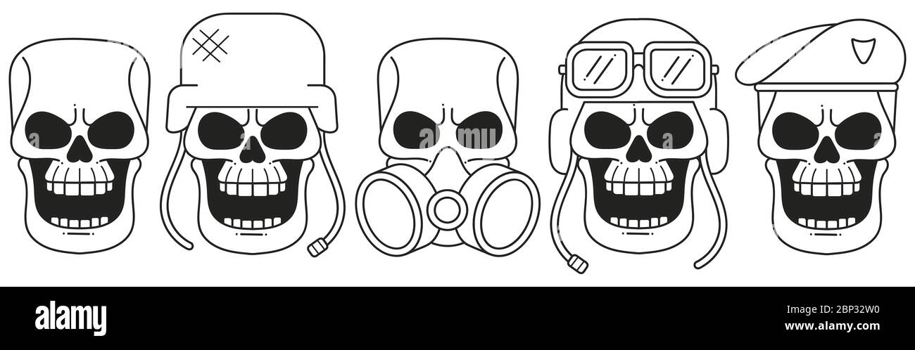 Set di teschi disegnati a mano. Teschi grunge. Illustrazione vettoriale. Illustrazione Vettoriale
