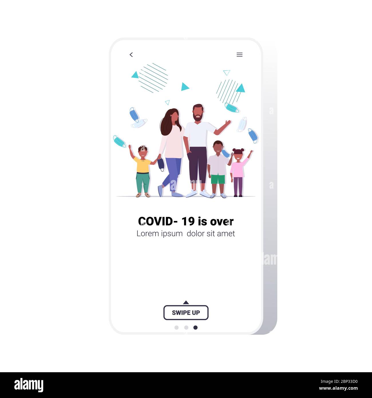 famiglia che getta maschere mediche quarantena coronavirus sta terminando la vittoria sul concetto di virus covid-19 smartphone schermo app mobile full length copia spazio illustrazione vettoriale Illustrazione Vettoriale