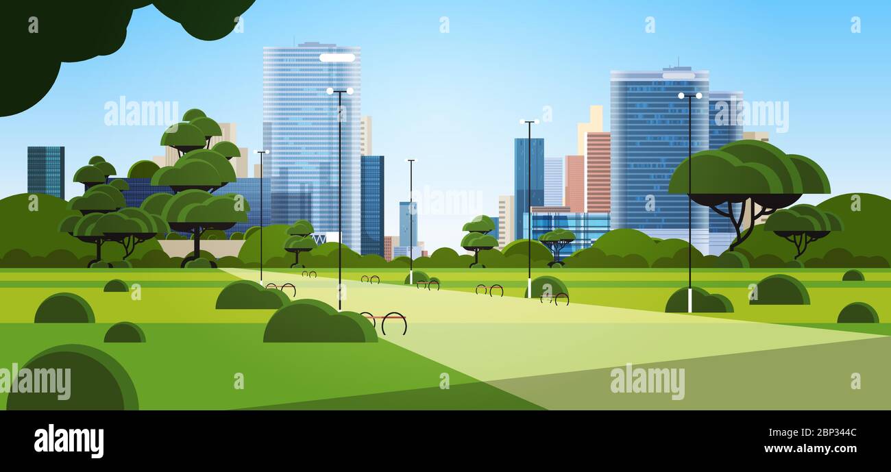 splendido parco urbano nel giorno estivo skyline della città edifici grattacielo paesaggio urbano sfondo orizzontale illustrazione vettoriale Illustrazione Vettoriale