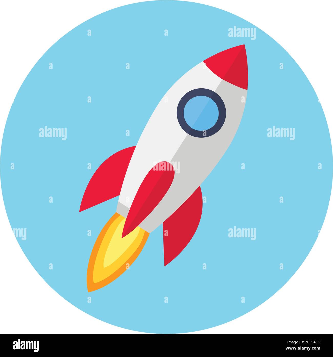 Nave da razzo con icona del fuoco piatta isolato su vettore bianco Illustrazione Vettoriale