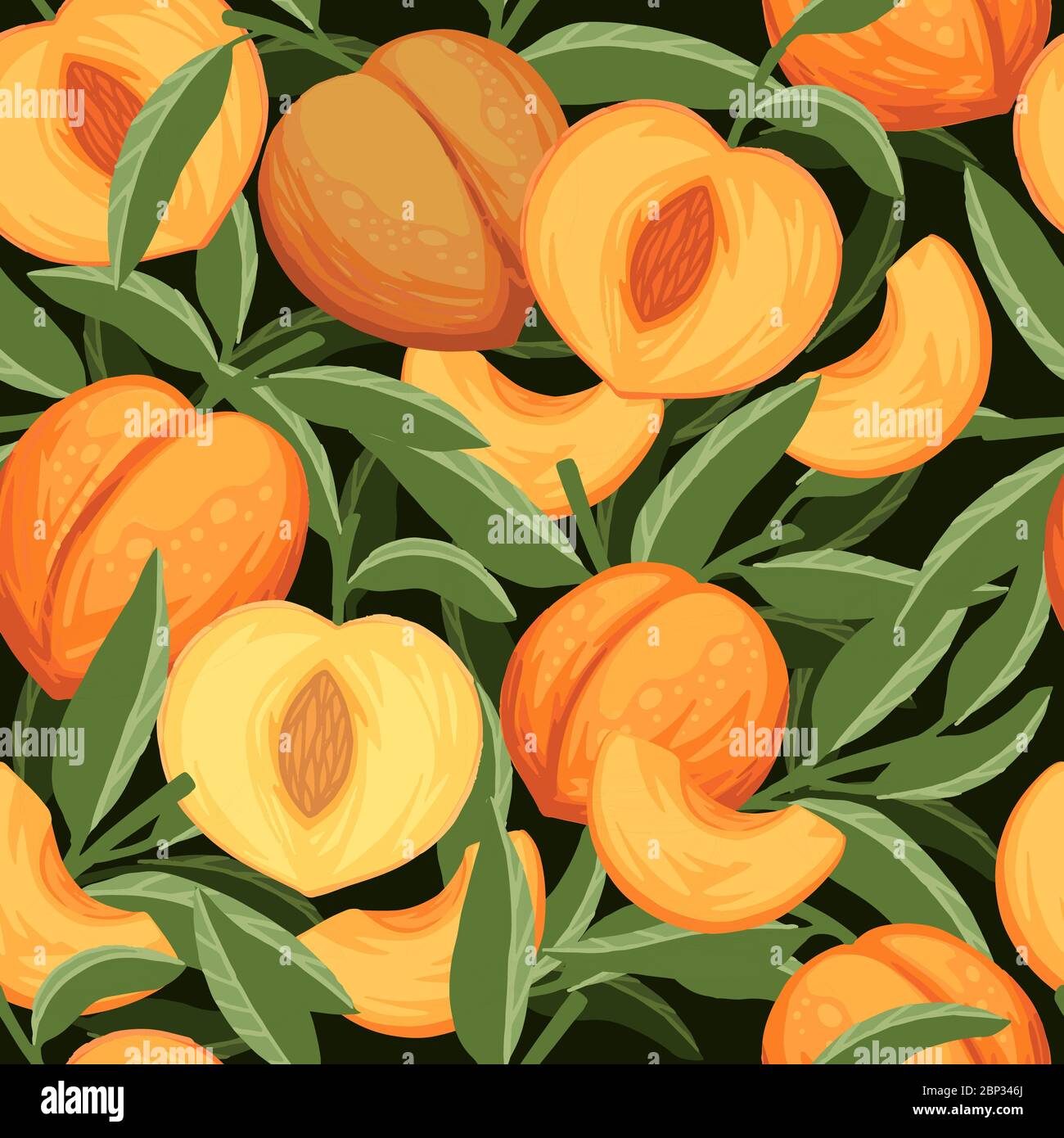 Modello senza cuciture di pesca intera e tagliata con foglie verdi immagine vettoriale piatta su sfondo nero Illustrazione Vettoriale