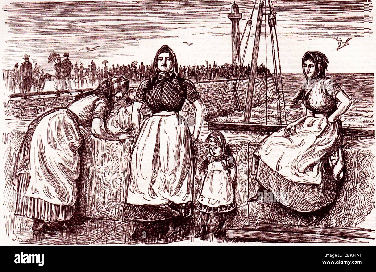 La stampa del c1880 mostra le donne o le mogli di Whitby fisher (soprannominate le viqueens, dalle antiche connessioni vichinghe di Whitby). Il loro abito contrasta notevolmente con quello dei radi dei visitatori visti dietro di loro sul West Pier. Foto Stock