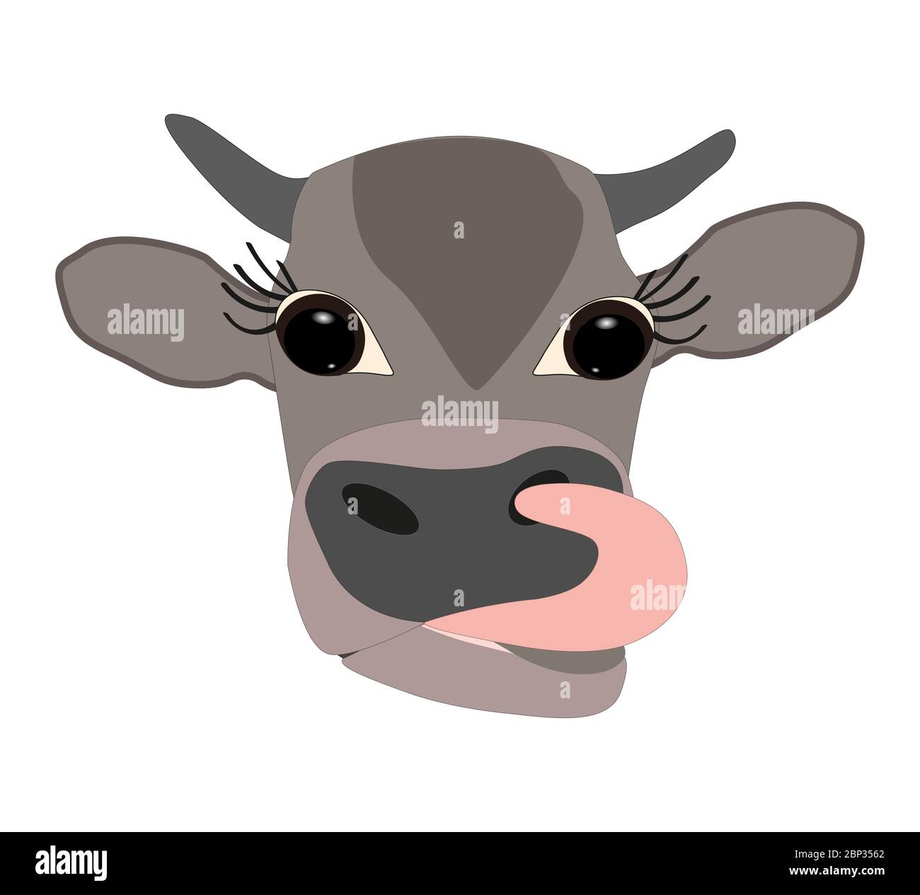 testa di una mucca grigio-marrone con occhi grandi e lingua che si stacca su uno sfondo bianco Illustrazione Vettoriale