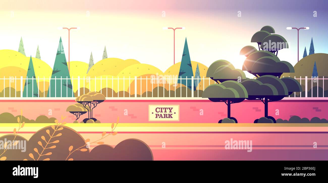 city park cartello bordo su recinzione bella estate giorno tramonto paesaggio sfondo orizzontale vettore illustrazione Illustrazione Vettoriale