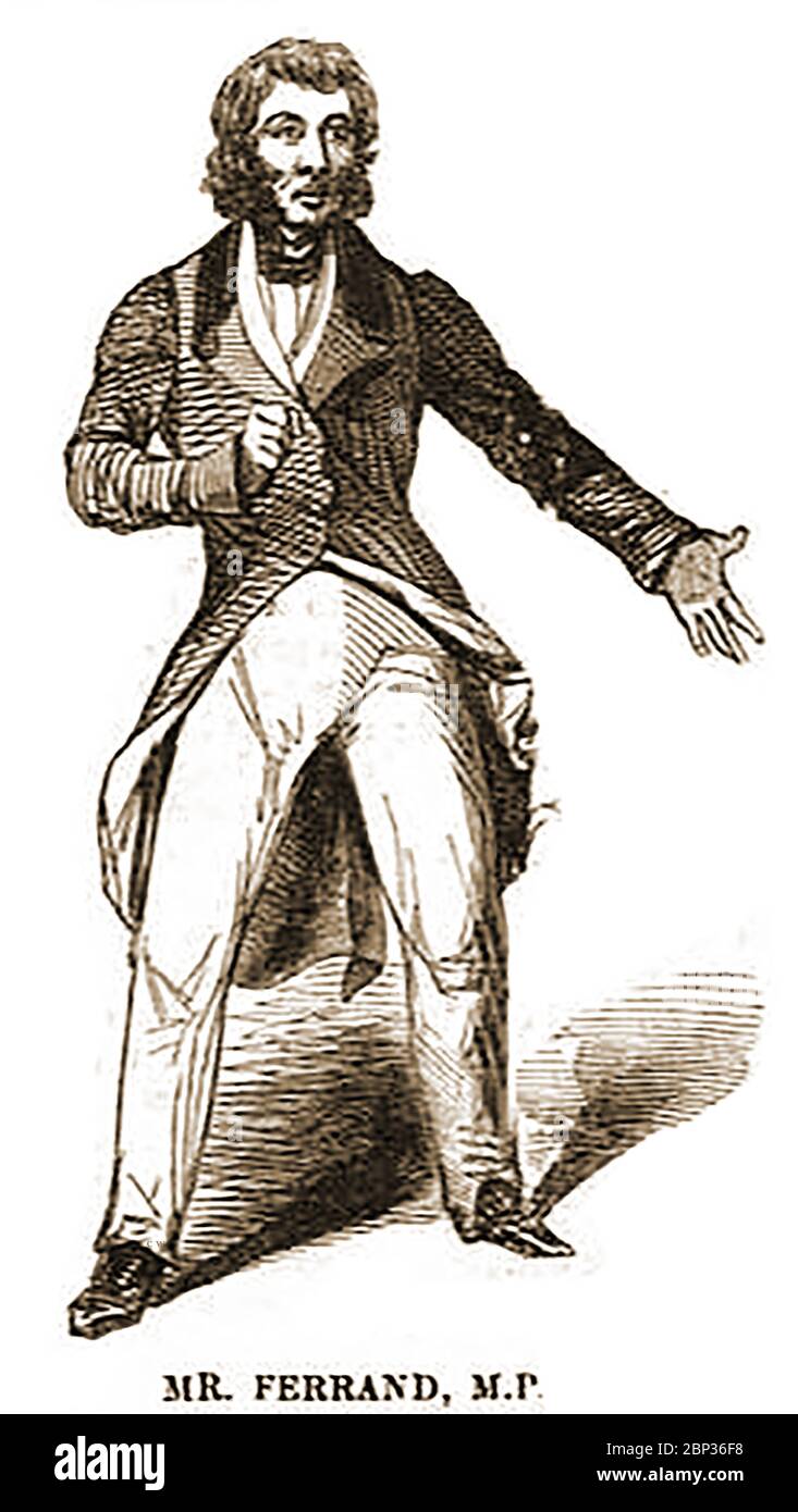 Ritratto di William Busfield Ferrand M.P.1809-1889 (membro britannico del Parlamento) 1842 -ha studiato alla scuola di Giggleswick e alla scuola di grammatica di Bingley. Il suo cognome originale era Busfeild e successivamente adottò il cognome di Ferrand con il manuale di segno in conformità con la volontà dello zio. Nel 1854, dopo essere riuscito alla tenuta di sua madre, che comprendeva Harden Grange e St Ives, lasciò il nome di Busfeild. Rappresentò il partito conservatore che rappresentava sia Knaresborough che Devonport (due volte). La seconda vittoria fu annullata a causa di lui trovato colpevole di corruzione (1865). Foto Stock