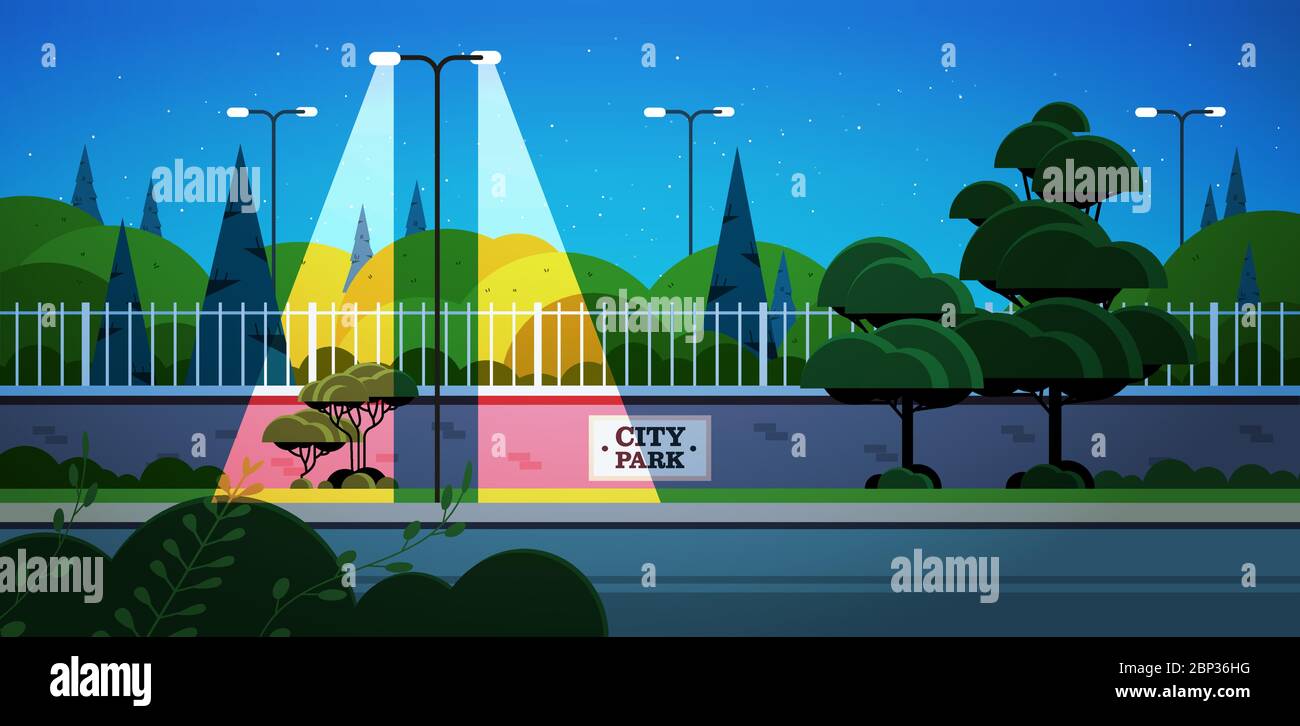 banner city park su recinzione bella notte paesaggio sfondo orizzontale illustrazione vettoriale Illustrazione Vettoriale