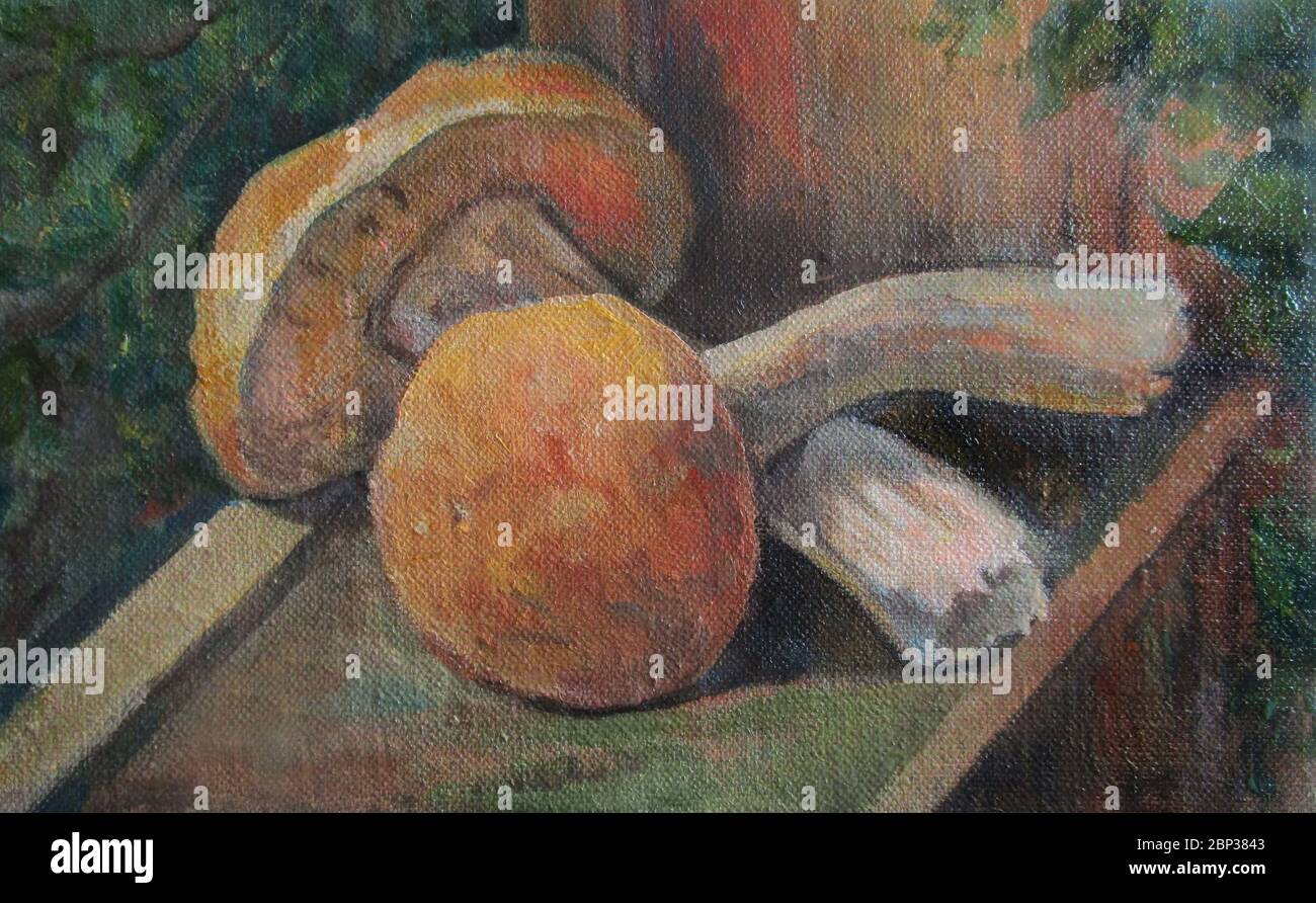 due funghi nel paese, dipinto ad olio Foto Stock