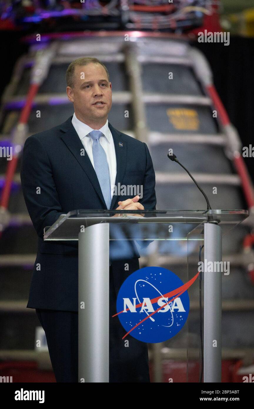 Il 10 febbraio 2020, l'amministratore della NASA Jim Bridenstine ha consegnato l'indirizzo dello stato della NASA presso la struttura di Aerojet Rocketdyne presso lo Stennis Space Center della NASA a Bay St. Louis, Mississippi, discutendo la proposta di bilancio per l'anno fiscale 2021. Foto Stock