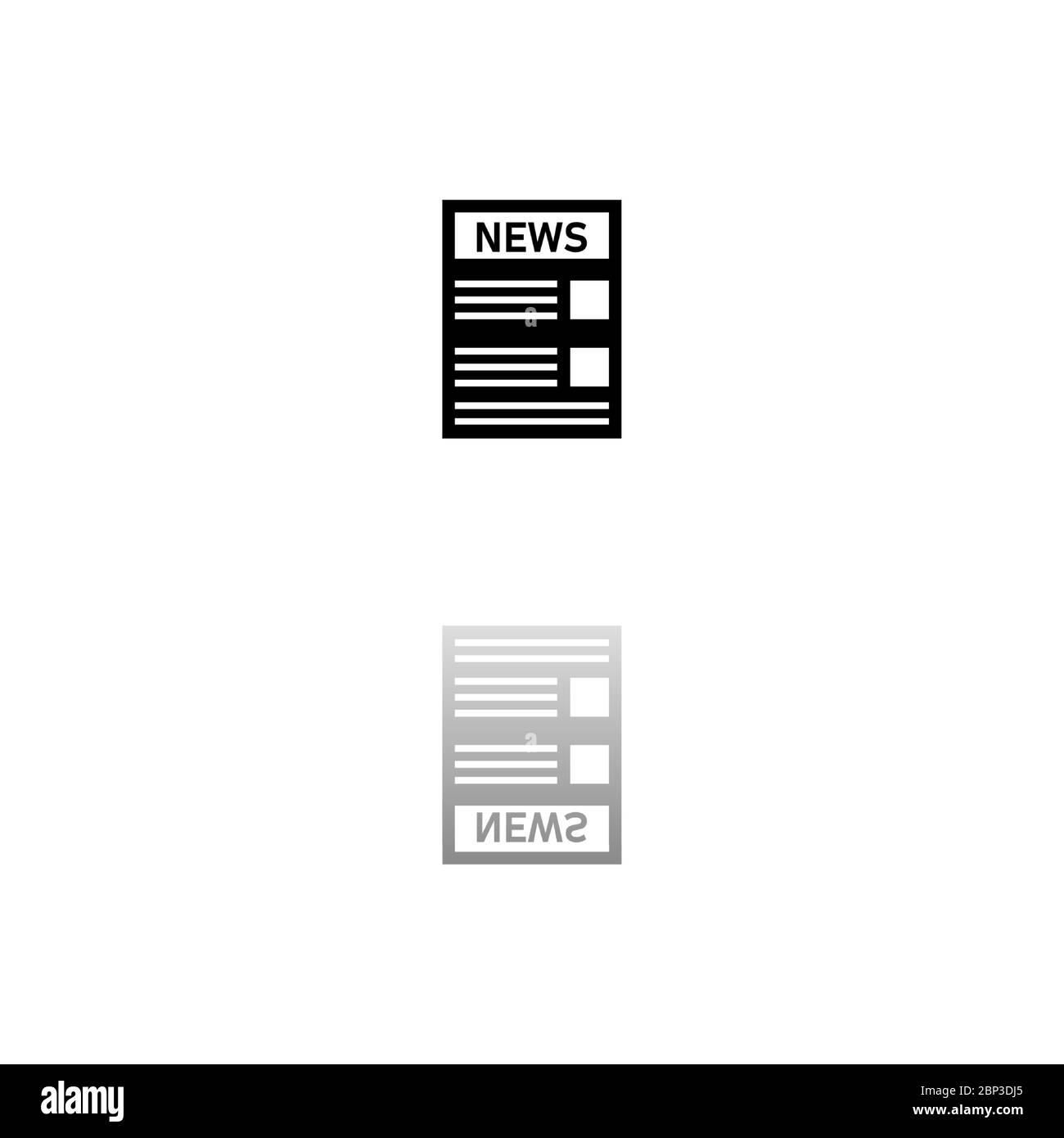 Notizie. Simbolo nero su sfondo bianco. Illustrazione semplice. Icona vettore piatto. Specchia ombra di riflessione. Può essere utilizzato in logo, web, mobile e UI UX pr Illustrazione Vettoriale