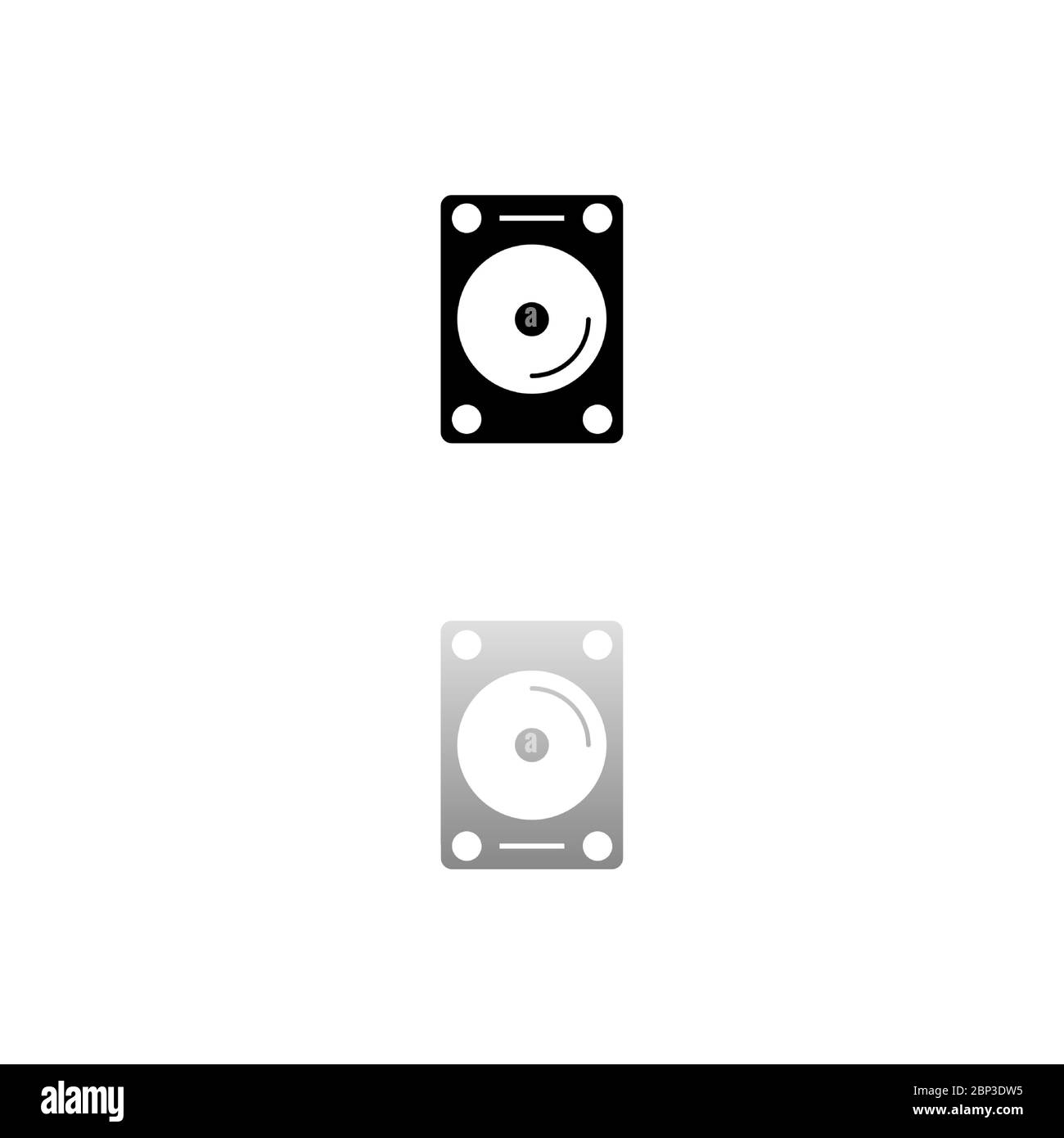 Disco rigido. Simbolo nero su sfondo bianco. Illustrazione semplice. Icona vettore piatto. Specchia ombra di riflessione. Può essere utilizzato in logo, Web, dispositivi mobili e interfaccia utente Illustrazione Vettoriale