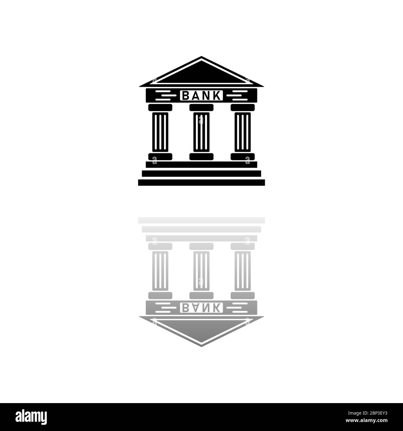 Banca. Simbolo nero su sfondo bianco. Illustrazione semplice. Icona vettore piatto. Specchia ombra di riflessione. Può essere utilizzato in logo, web, mobile e UI UX pr Illustrazione Vettoriale