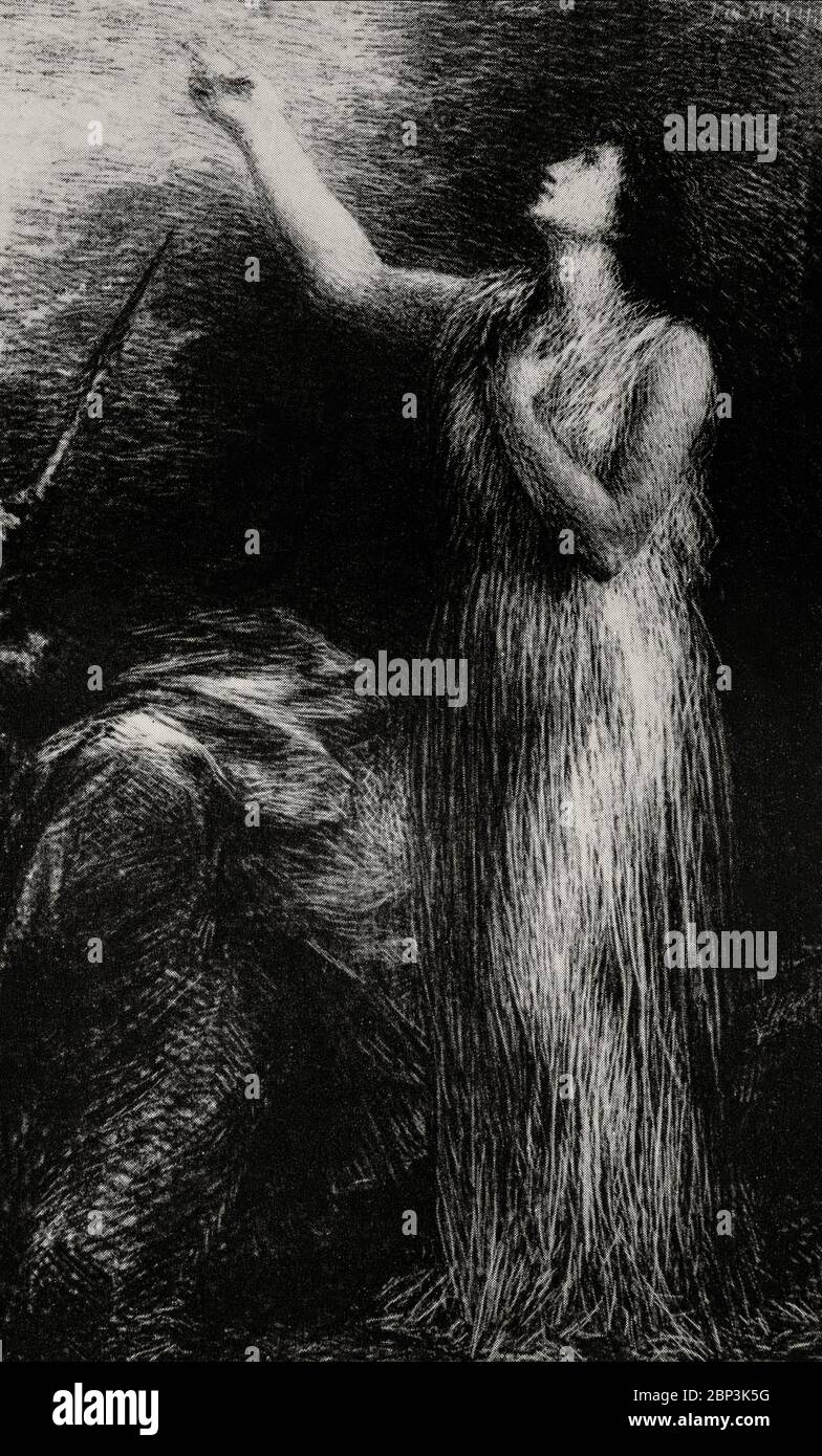 Un'illustrazione per il Siegfried di Richard Wagner, 'l'Evocazione di Erda' di Henri Fantin-Latour (1836-1904) è stato un pittore e litografo francese più conosciuto per i suoi dipinti di fiori e ritratti di gruppo di artisti e scrittori parigini. L'artista americano James Whistler attirò l'attenzione su Fantin in Inghilterra, dove i suoi still-lifes erano venduti così bene, anche se erano sconosciuti in Francia. Oltre ai suoi dipinti realistici, Fantin-Latour ha creato litografie fantasiose ispirate alla musica di alcuni dei grandi compositori classici. Foto Stock