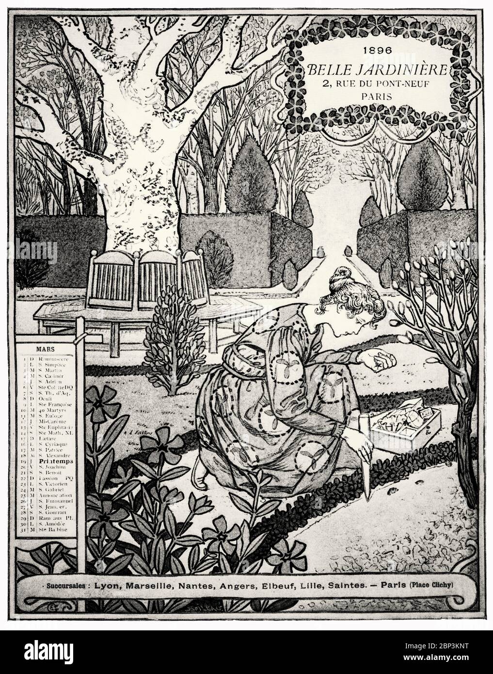 'Marc from the Bella Jardiniere Calendar' di Eugène Grasset (1845-1917), un artista decorativo svizzero che ha lavorato a Parigi, in Francia, in una varietà di settori di design creativo durante la Belle Époque. È considerato un pioniere nel design Art Nouveau. Foto Stock