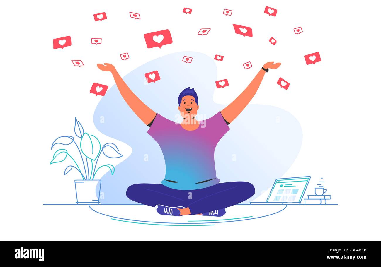 I social media amano e i cuori che cadono sull'uomo Illustrazione Vettoriale