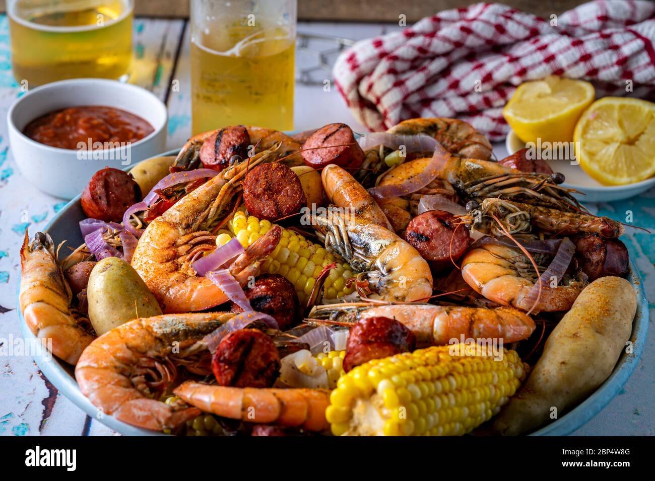 Low Country Boil, una tradizionale festa estiva del sud-est degli Stati Uniti. Foto Stock