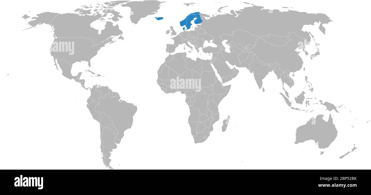 Paesi nordici evidenziati sulla mappa mondiale. Sfondo grigio chiaro. Concetti di business, diplomatici, commerciali, viaggi e relazioni economiche. Illustrazione Vettoriale