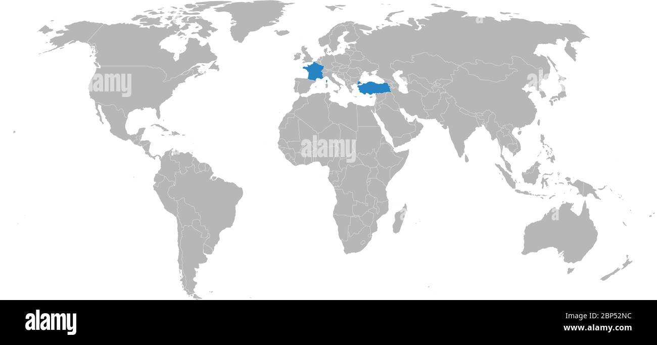 Turchia, francia evidenziato sulla mappa mondiale. Sfondo grigio chiaro. Concetti di business, diplomatici, di amicizia, di viaggio, di commercio e di trasporto. Illustrazione Vettoriale