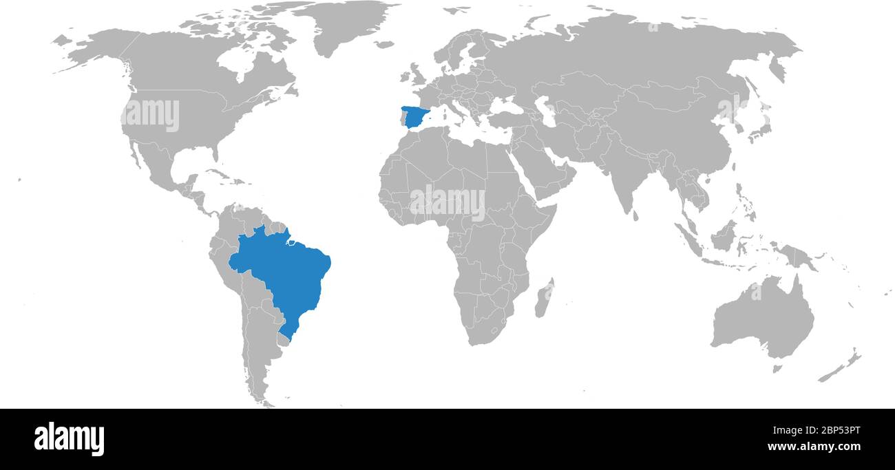 Spagna, Brasile paesi isolati sulla mappa mondiale. Sfondo grigio chiaro. Concetti e background aziendali. Illustrazione Vettoriale