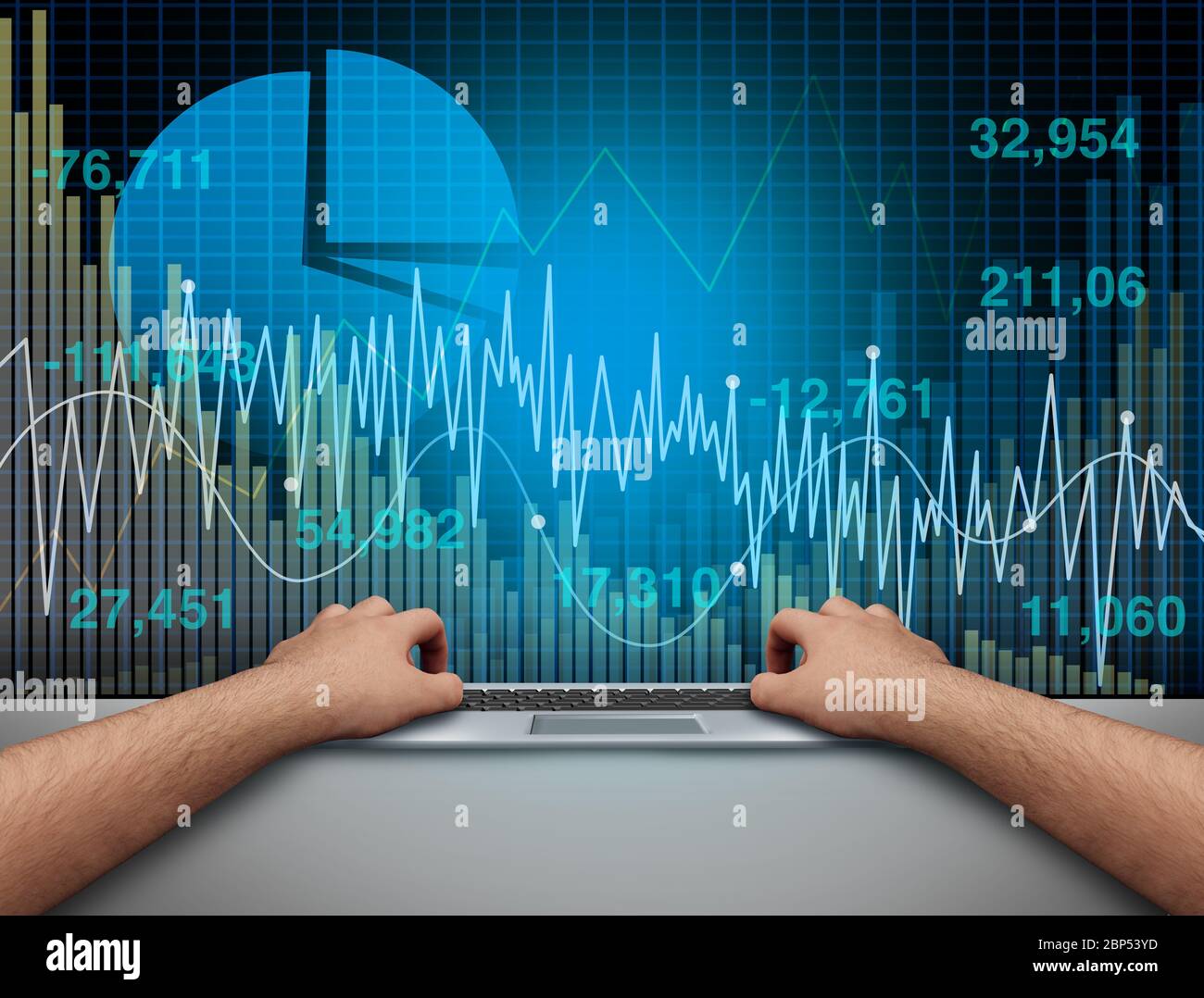 Investire online e il commercio di borsa economico di Internet come un investitore che fa commerci sul web e computer banking con elementi di illustrazione 3D Foto Stock