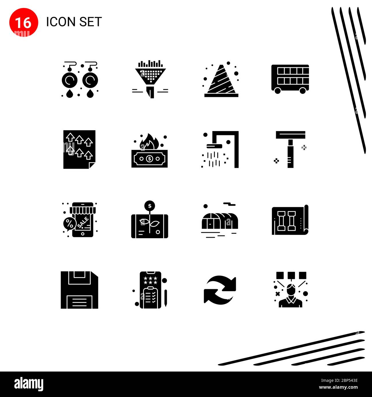 16 simboli di glifi solidi universali simboli di trasporto, doppio, attenzione, decker, segno elementi di disegno vettoriale modificabili Illustrazione Vettoriale