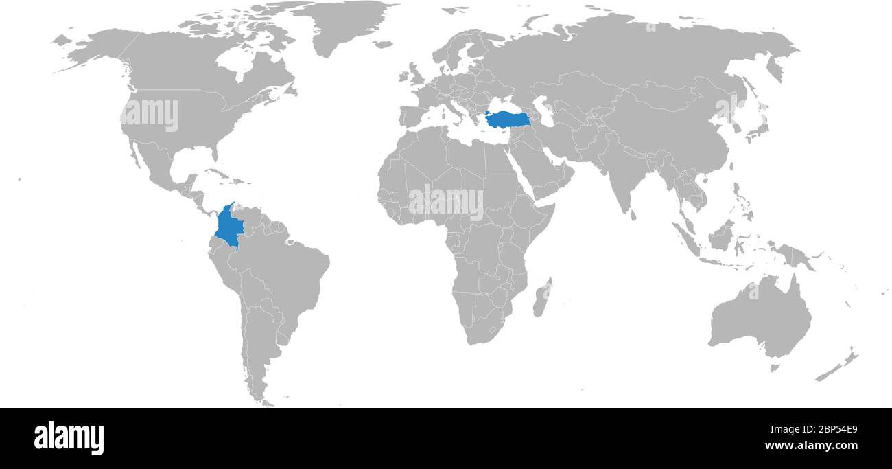 Colombia, turchia paesi isolati sulla mappa mondiale. Sfondo grigio chiaro. Concetti e background aziendali. Illustrazione Vettoriale