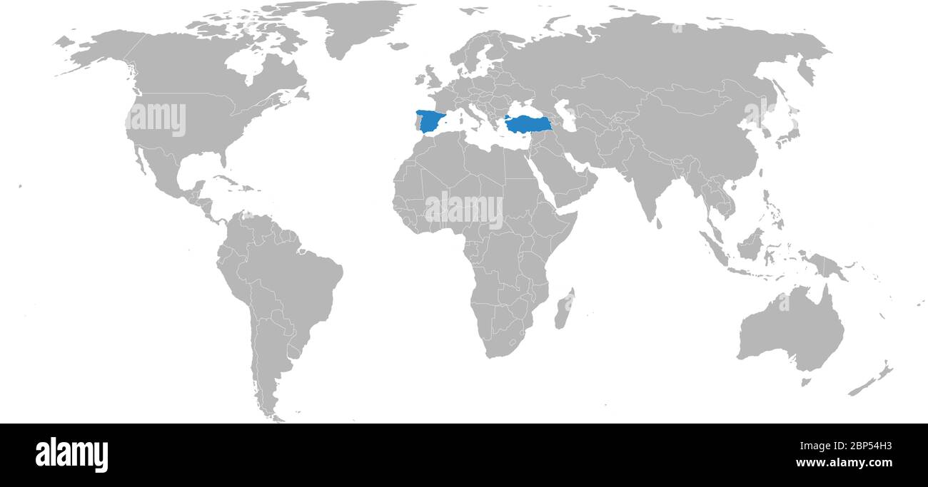 Spagna, turchia paesi isolati sulla mappa mondiale. Sfondo grigio chiaro. Concetti e background aziendali. Illustrazione Vettoriale