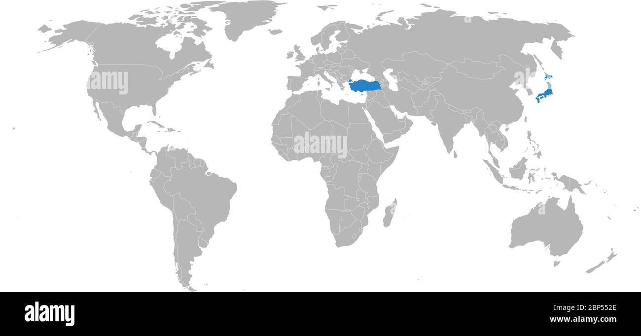 Giappone, Turchia paesi isolati sulla mappa mondiale. Sfondo grigio chiaro. Concetti di business, relazioni diplomatiche, commerciali e di trasporto. Illustrazione Vettoriale