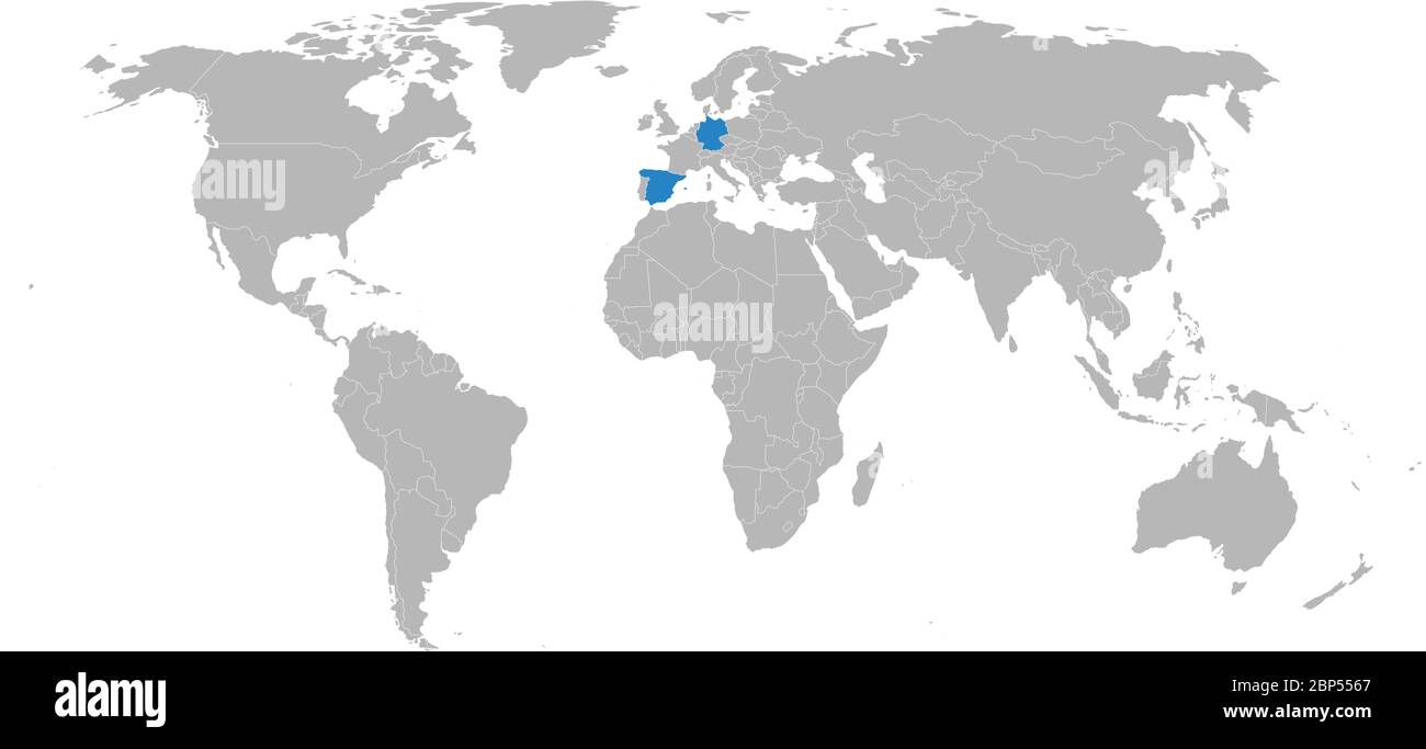 Spagna, Germania Paesi isolati sulla mappa mondiale. Sfondo grigio chiaro. Concetti di business, relazioni diplomatiche, commerciali e di trasporto. Illustrazione Vettoriale