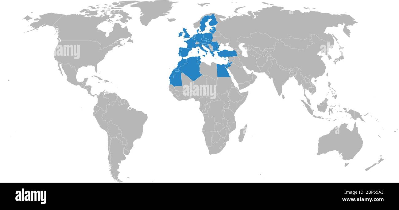 Unione per i paesi mediterranei evidenziata sulla mappa mondiale. Concetti di business, sociale, politico, economico, commerciale, ambiente, relazioni con i trasporti Illustrazione Vettoriale