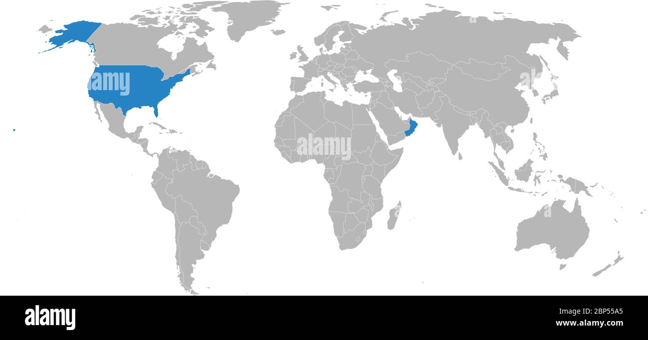 Oman, USA mappa evidenziata sulla mappa del mondo. Sfondo grigio chiaro. Concetti di business, relazioni diplomatiche, commerciali e di trasporto. Illustrazione Vettoriale