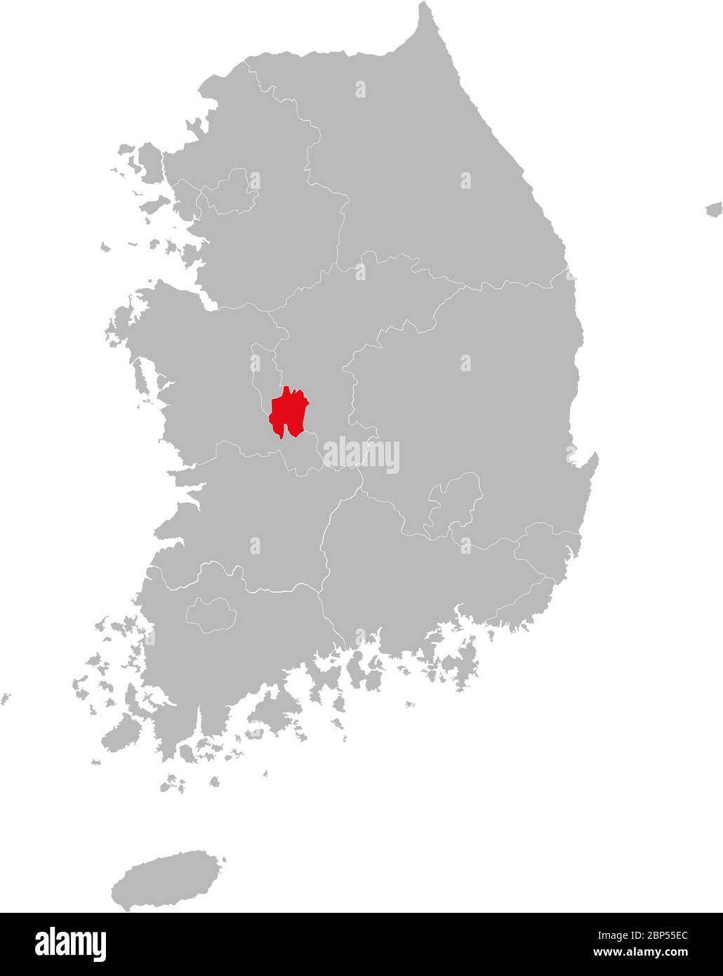 Provincia di Daejeon evidenziata sulla mappa della corea del Sud. Concetti e background aziendali. Illustrazione Vettoriale