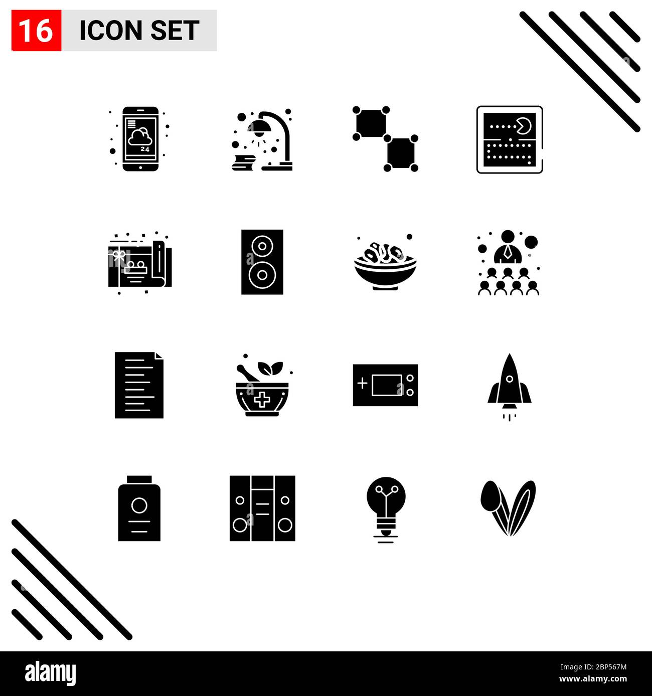 Solid Glyph Pack di 16 simboli universali di gioco, giochi, revisione, concorso, scienza Editable Vector Design Elements Illustrazione Vettoriale