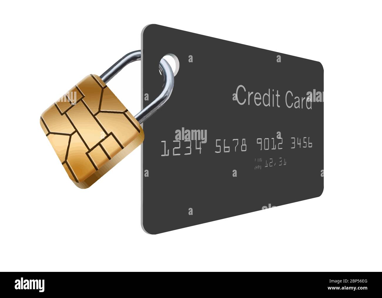 Un chip EMV assomiglia a un lucchetto su una carta di credito per ripresentare la sicurezza del conto della carta. Immagine vettoriale. Illustrazione Vettoriale