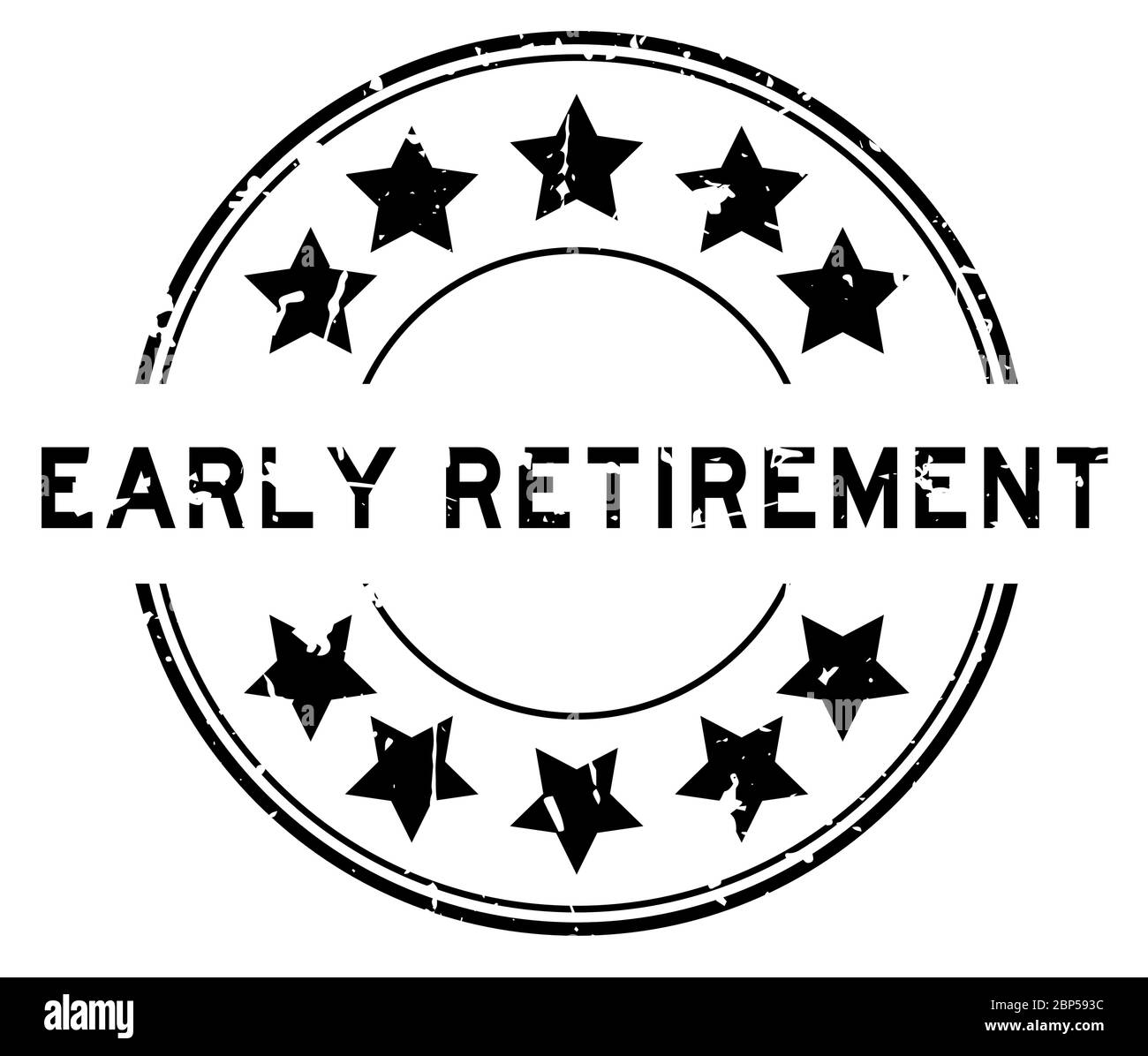 Grunge parola di ritiro precoce nera con icona a stella sigillo in gomma rotondo su sfondo bianco Illustrazione Vettoriale
