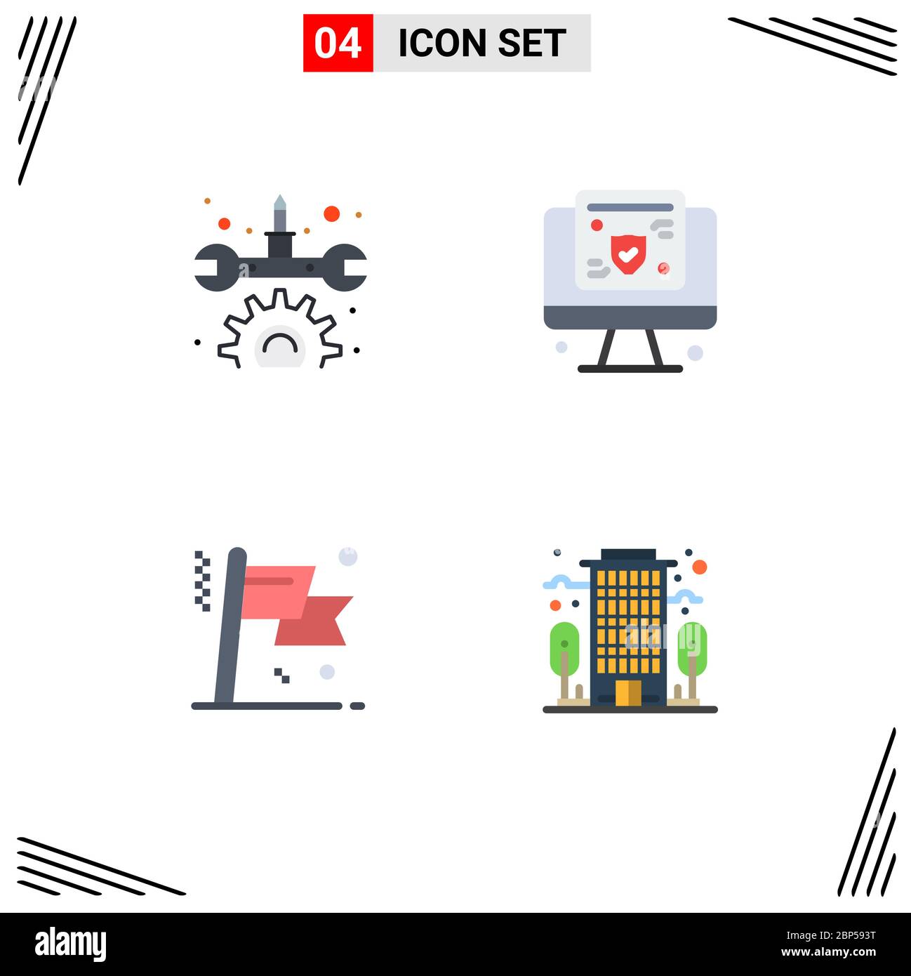 Set di pittogrammi di 4 icone semplici piatte di attrezzatura, bandiera, computer, assicurazione, costruzione di elementi di disegno vettoriale editabili Illustrazione Vettoriale