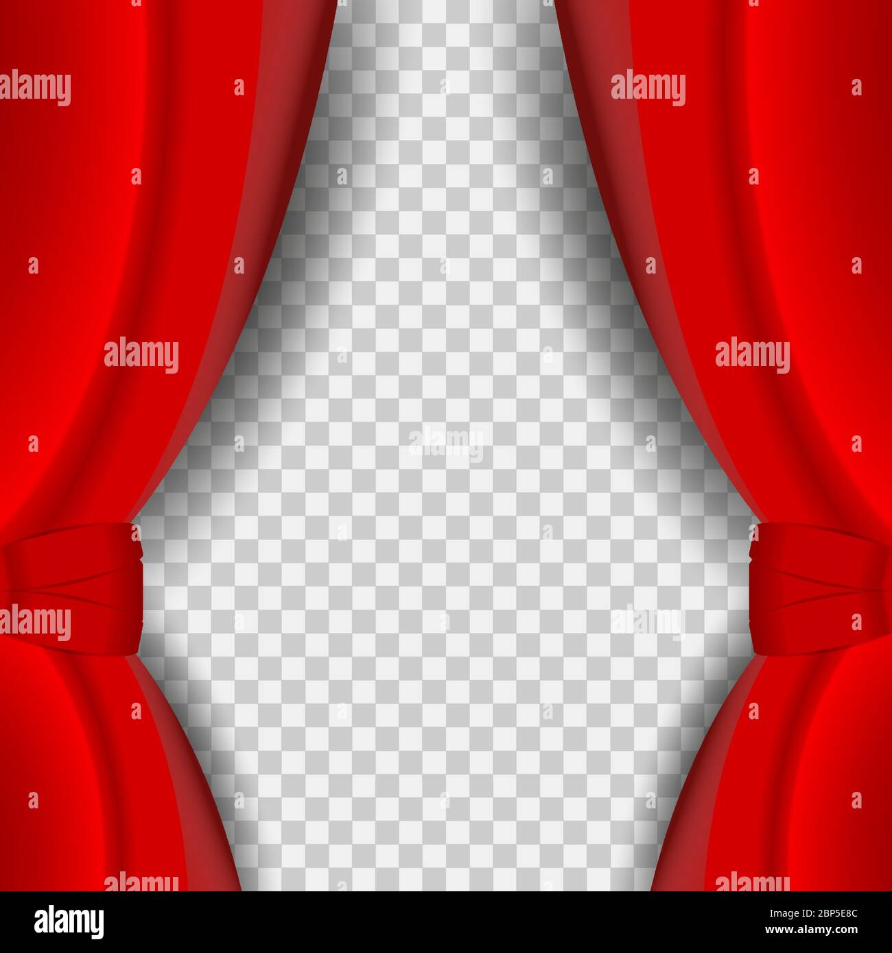 Tendina vettoriale rossa aperta con ombra morbida sullo sfondo trasparente. Tenda di velluto rosso aperta e realistica. Illustrazione Vettoriale