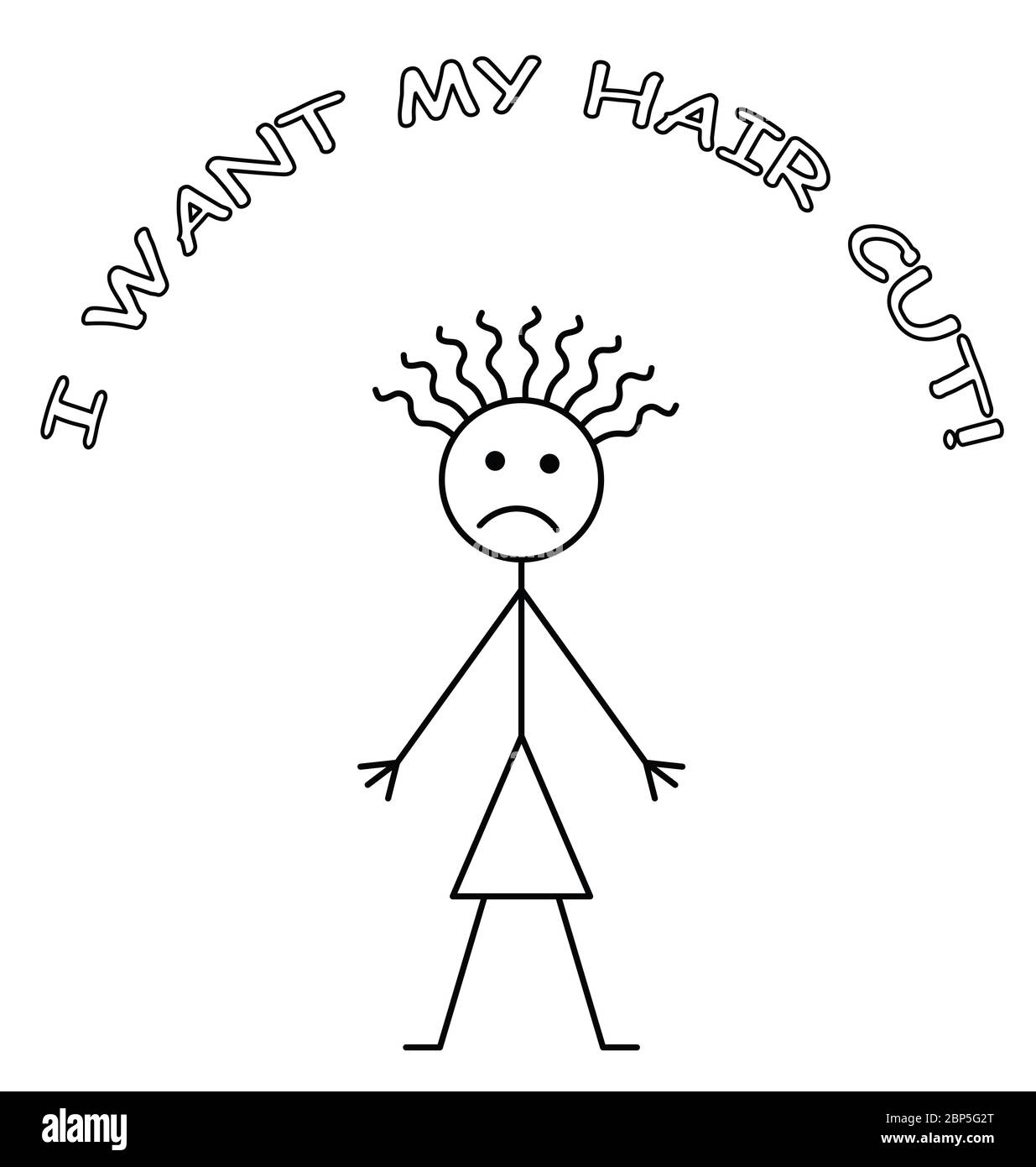 Comico frustrata donne con capelli maleducati che vogliono i suoi capelli tagliati durante blocco pandemico isolato su sfondo bianco Foto Stock