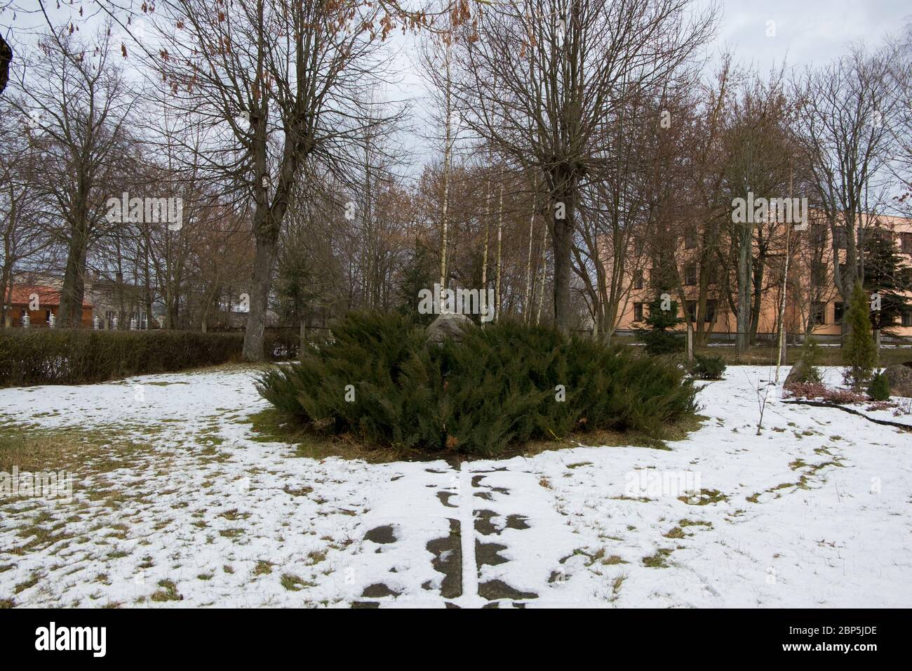 Una lapide commemorativa è nascosta dietro i cespugli. Il sito era un cimitero ebraico. A Eišiškės, Lituania. La città è la fonte del pho Foto Stock