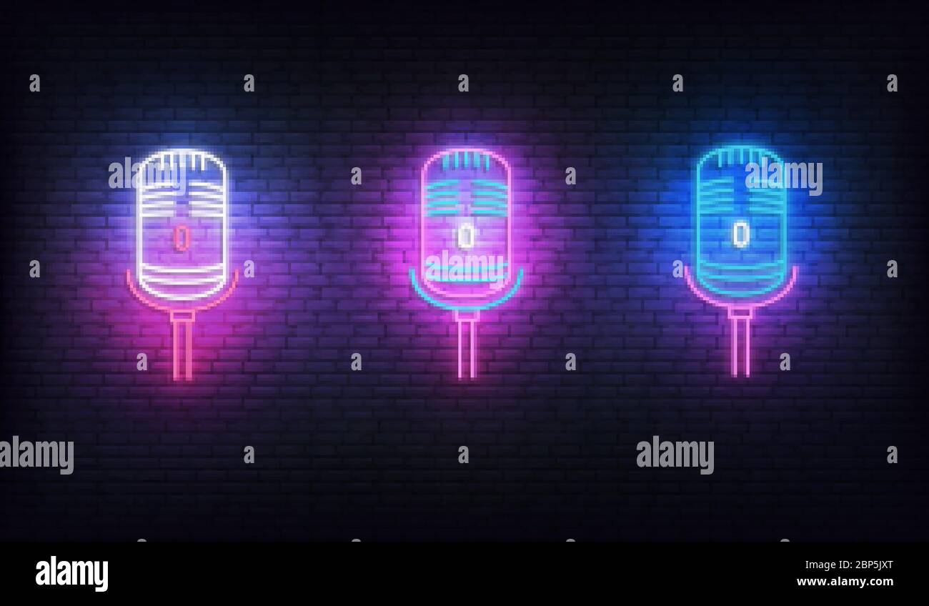 Microfoni al neon. Set di microfoni al neon incandescenti Illustrazione Vettoriale