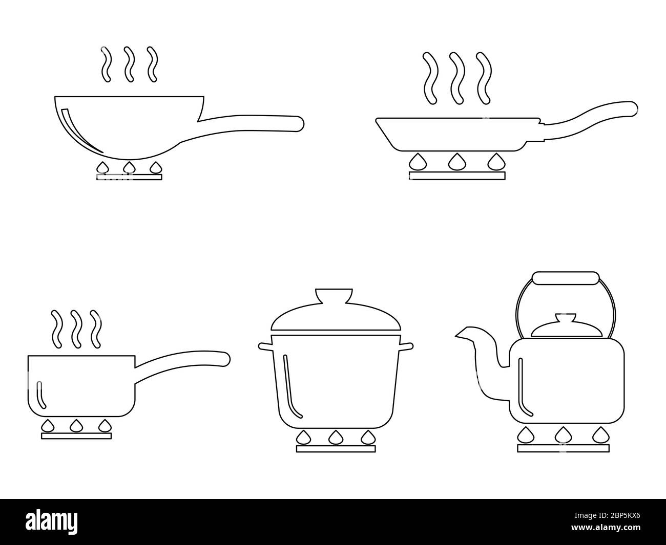 Set di contorni per recipiente di cottura. Varie icone di contorno che raffigurano il recipiente per cucina. EPS Vector espanso in bianco e nero Illustrazione Vettoriale