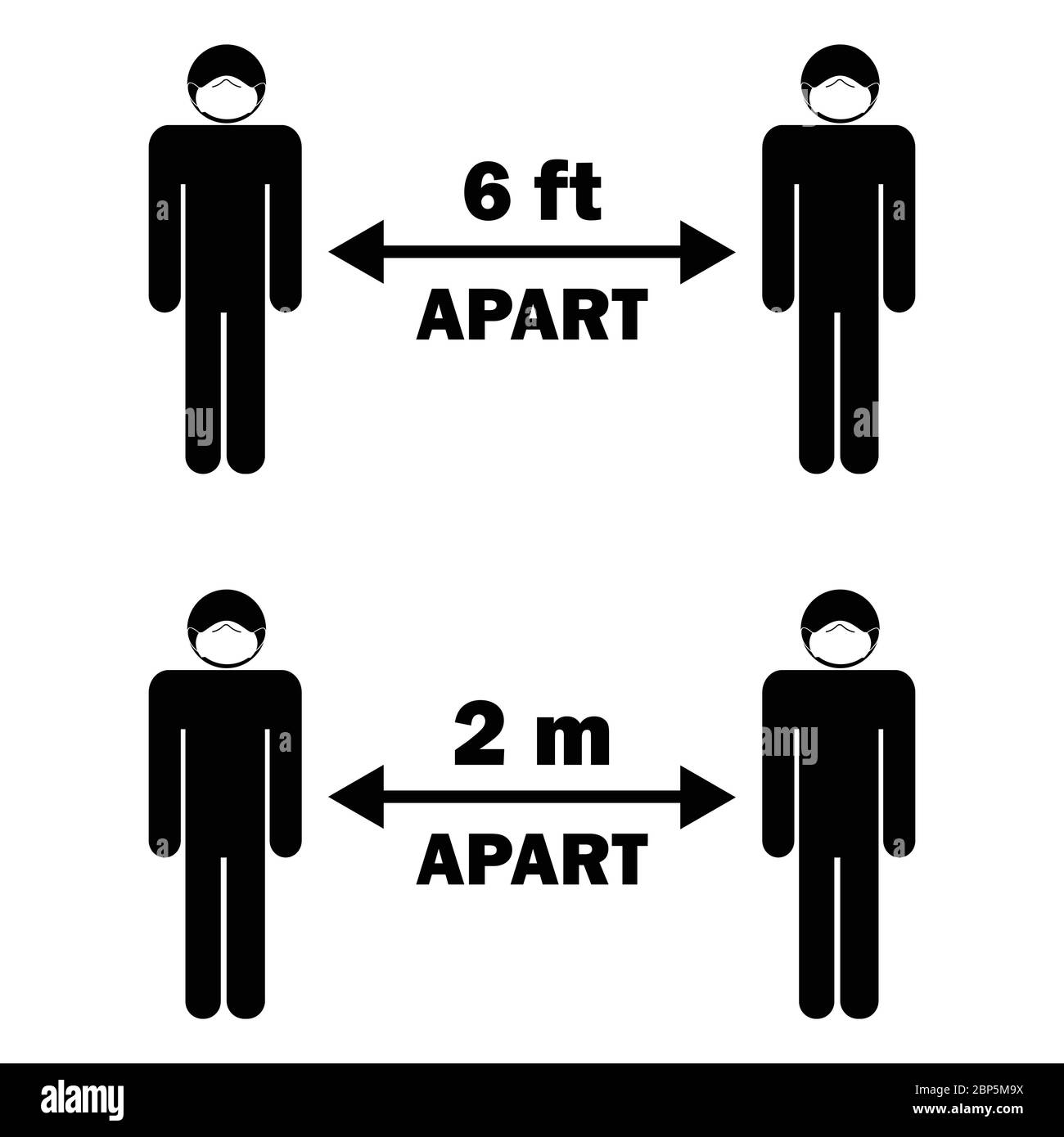 Sociale distanza sei 6 piedi due 2 m di distanza. Bastone figura con maschera facciale. Vettore EPS bianco e nero Illustrazione Vettoriale