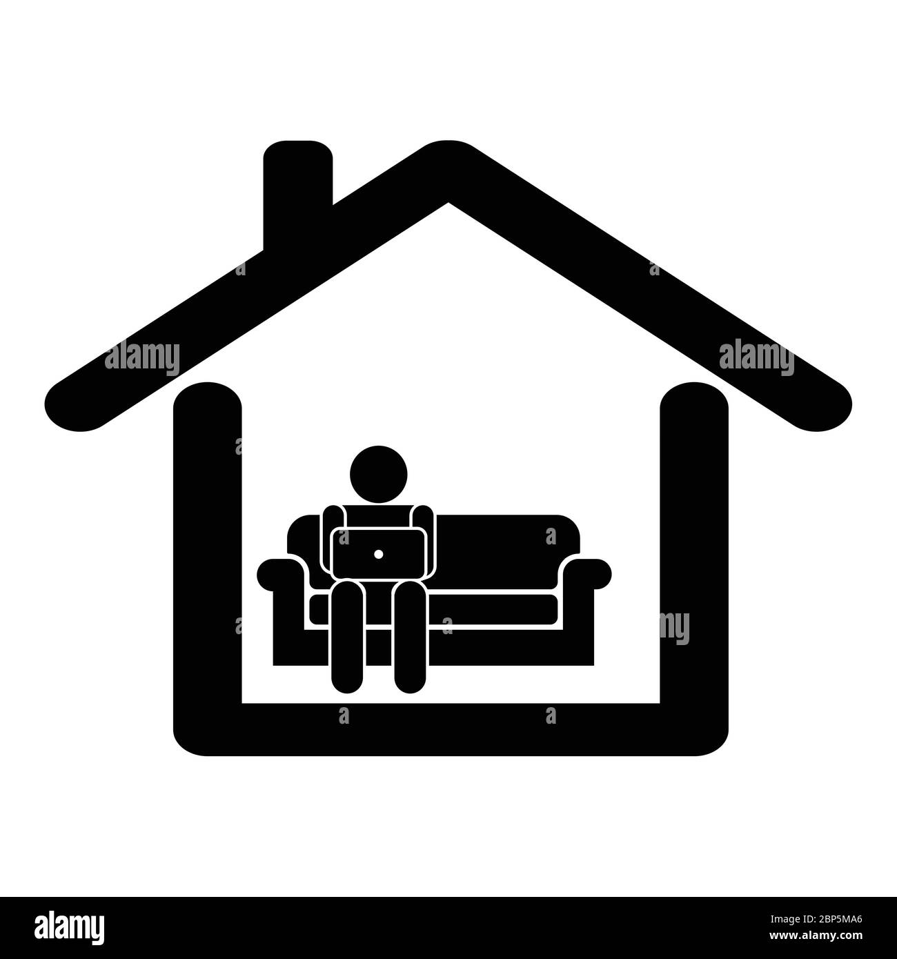 Lavoro da casa. Pittogramma che raffigura un uomo che lavora da casa seduto sul divano utilizzando un computer portatile. EPS vettoriale in bianco e nero Illustrazione Vettoriale