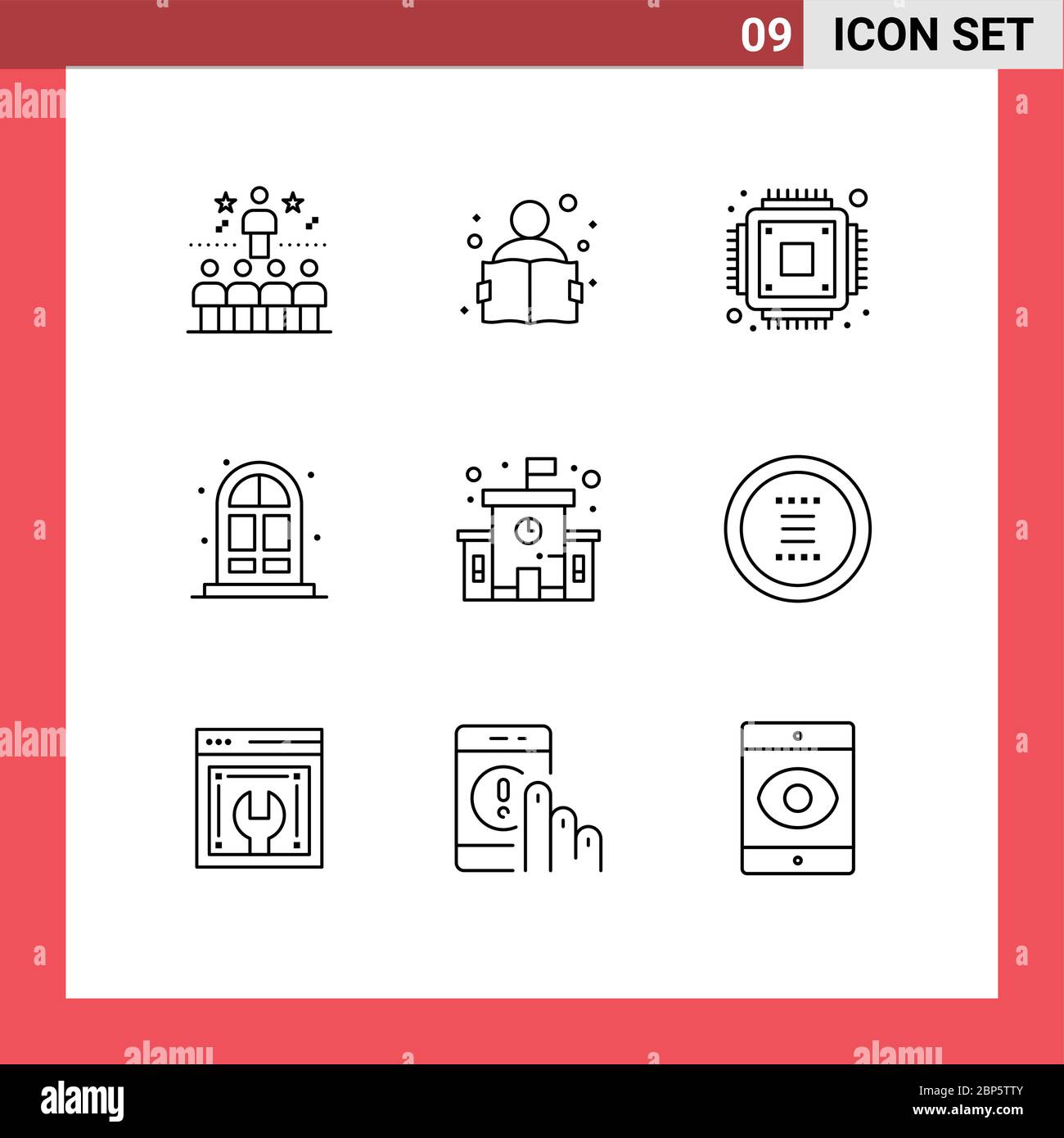 Simboli universali Gruppo di 9 contorni moderni di scuola, costruzione, studio, porta, casa elementi editabili di disegno vettoriale Illustrazione Vettoriale