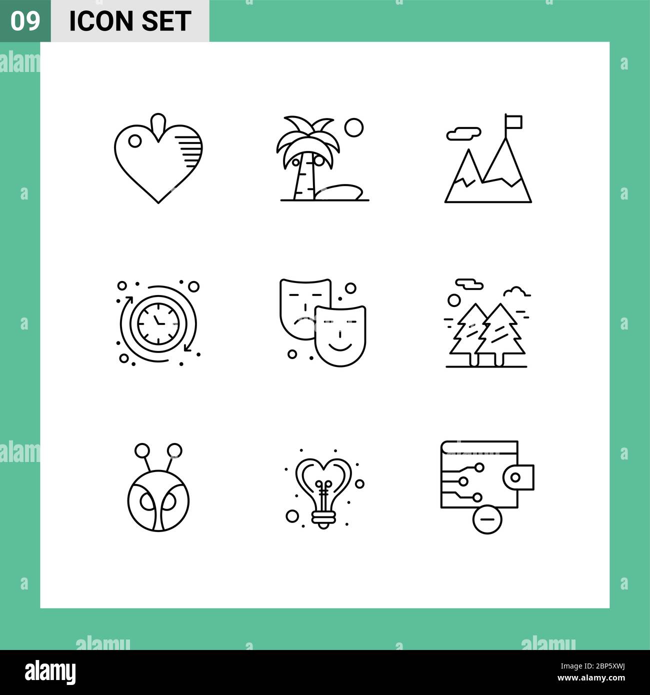 Confezione di 9 simboli e simboli moderni per Web Print Media come arti, maschere, business, l'orologio ed elementi di disegno vettoriale editabili Illustrazione Vettoriale