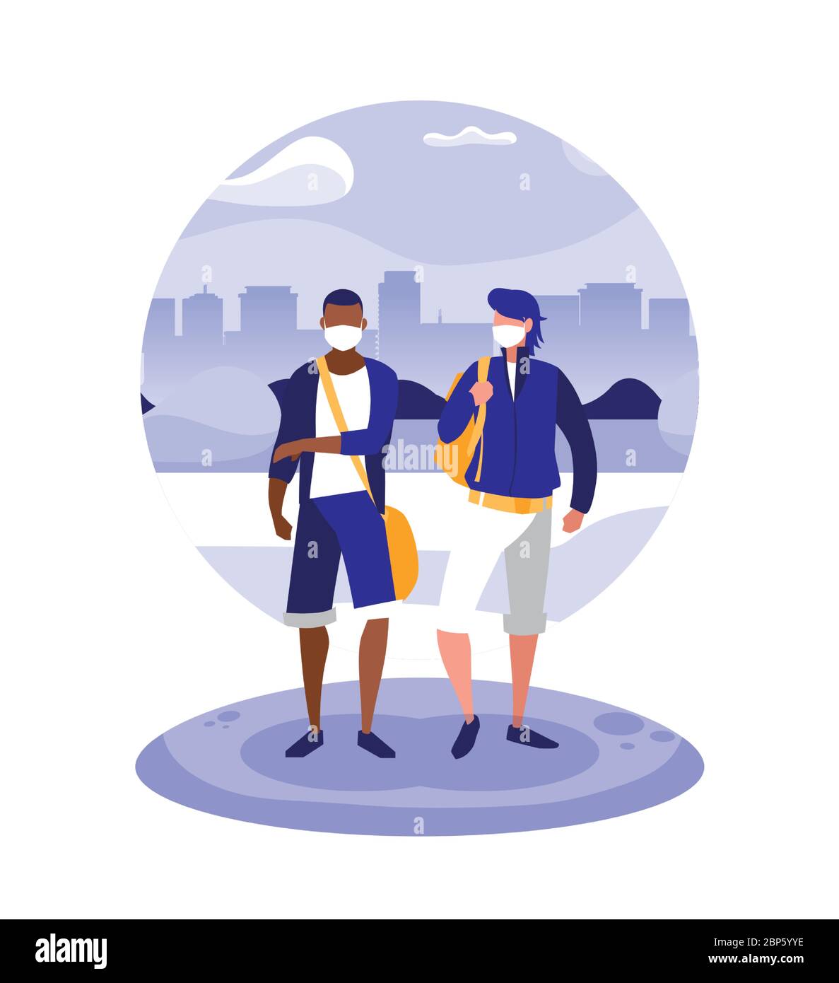 Uomini con maschere al parco di fronte agli edifici della città design del virus Covid 19 tema illustrazione vettoriale Illustrazione Vettoriale