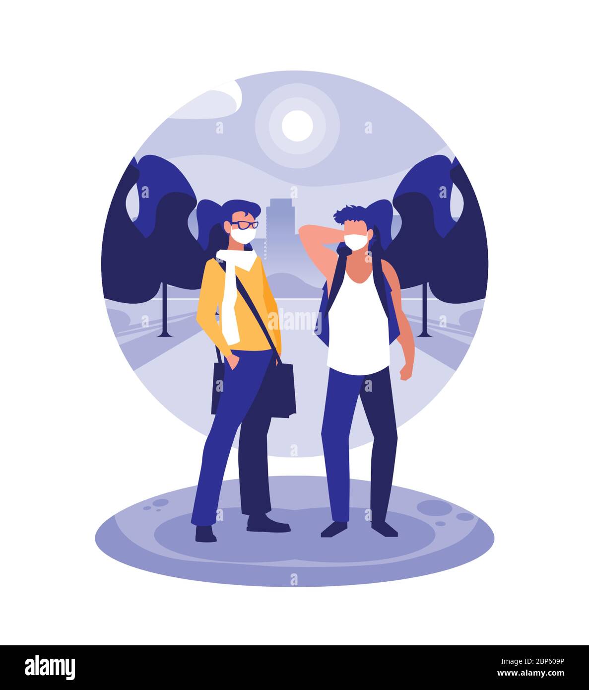 Uomini con maschere al parco di fronte agli edifici della città design del virus Covid 19 tema illustrazione vettoriale Illustrazione Vettoriale