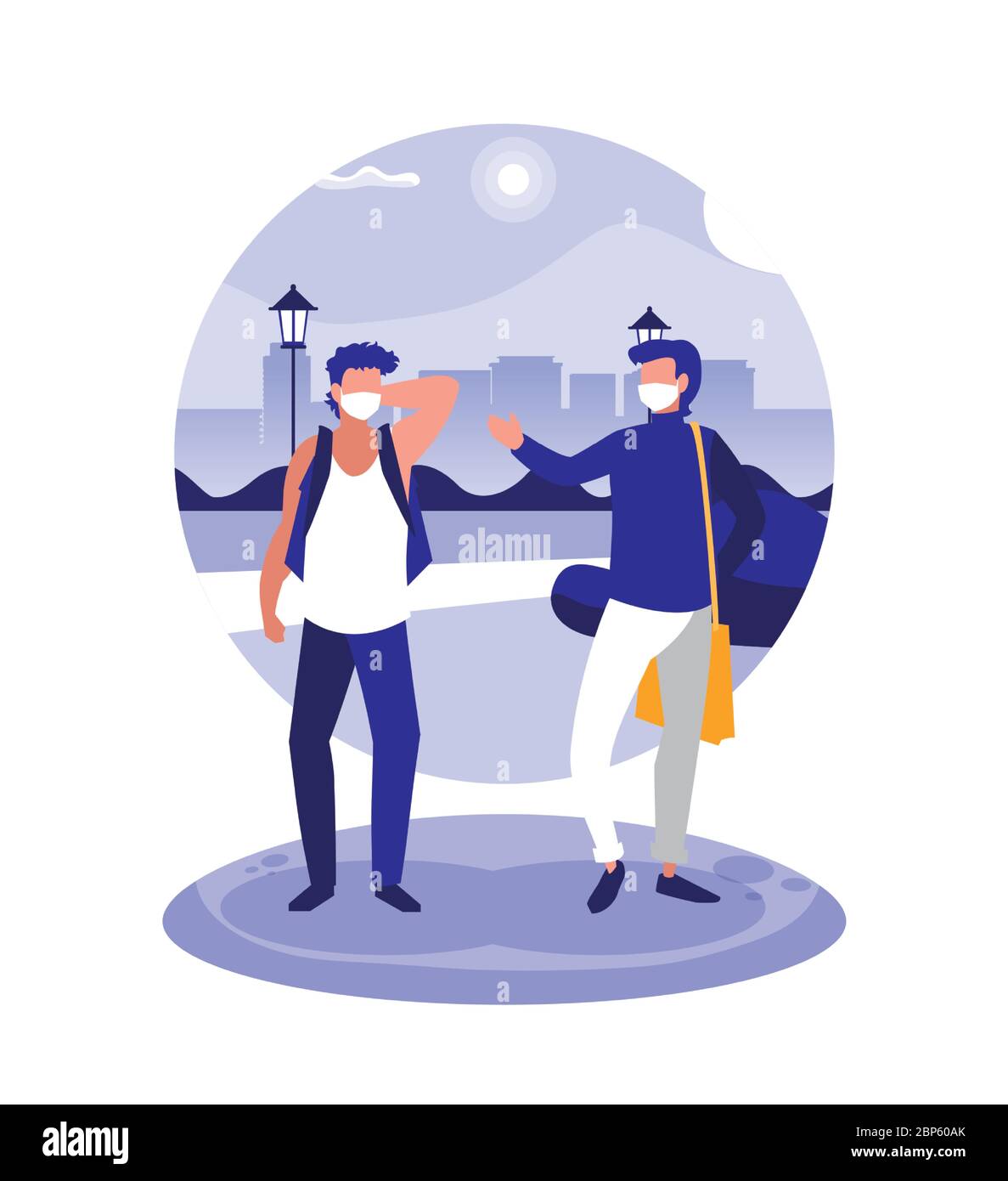 Uomini con maschere al parco di fronte agli edifici della città design del virus Covid 19 tema illustrazione vettoriale Illustrazione Vettoriale