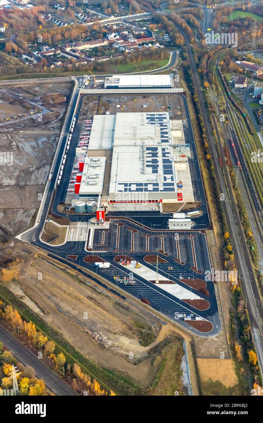 Vista aerea, Centro di freschezza Rewe / Logistics Center, terreni della vecchia Westfalenhütte, Dortmund, Ruhr zona, Nord Reno-Westfalia, Germania Foto Stock