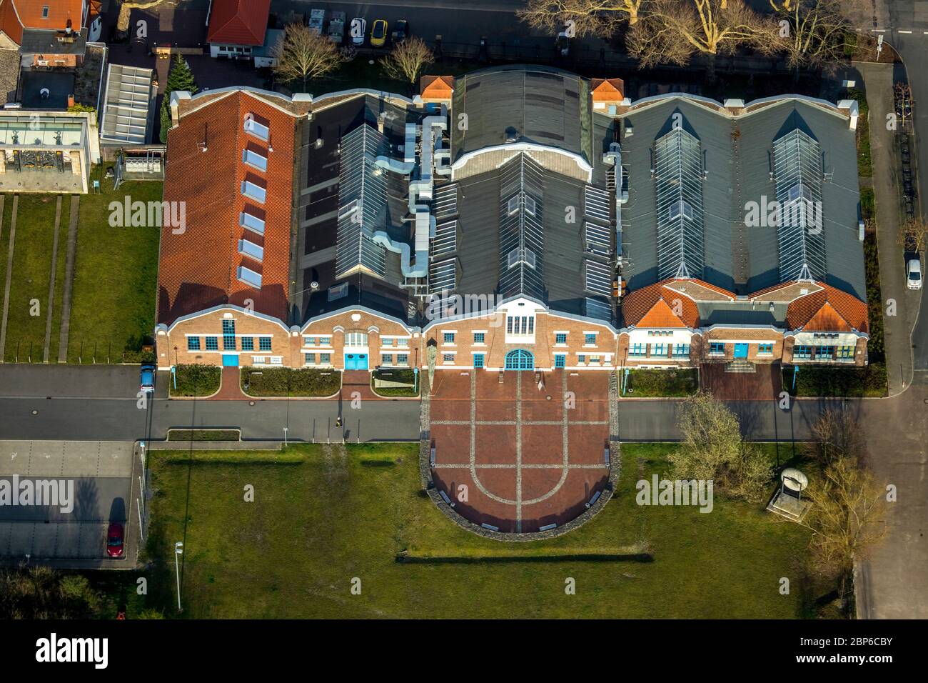 Vista aerea, sale Flottmann, centro eventi, teatro, ex laboratorio Flottmann, Herne, zona Ruhr, Nord Reno-Westfalia, Germania Foto Stock